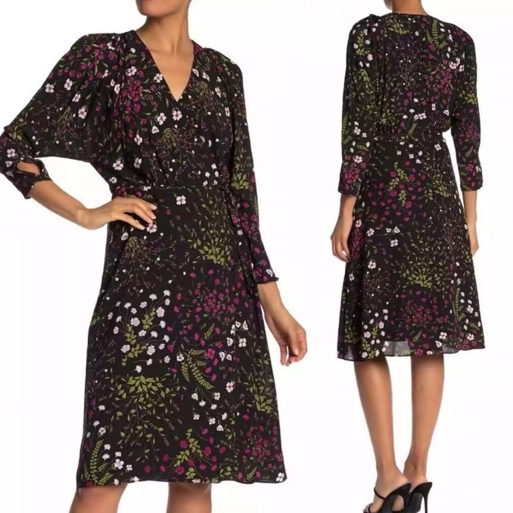 Joie Acantha 3/4 Sleeve Black Floral‎ Wrap Dress Size Large​